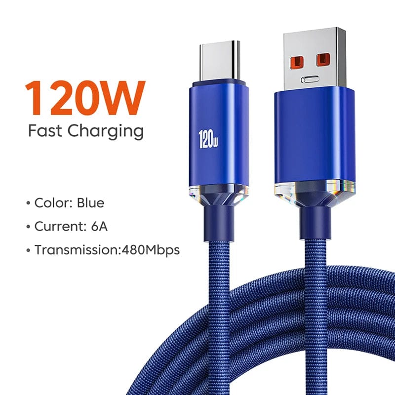 Showlu 120W USB Type C charging cable with 6A fast charge for Samsung devices, featuring durable design and high-speed data transfer.
