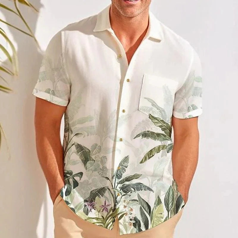 Men's Hawaiian shirt by Showlu Fashion, solid color, relaxed fit, lightweight beach top, perfect for casual summer wear.