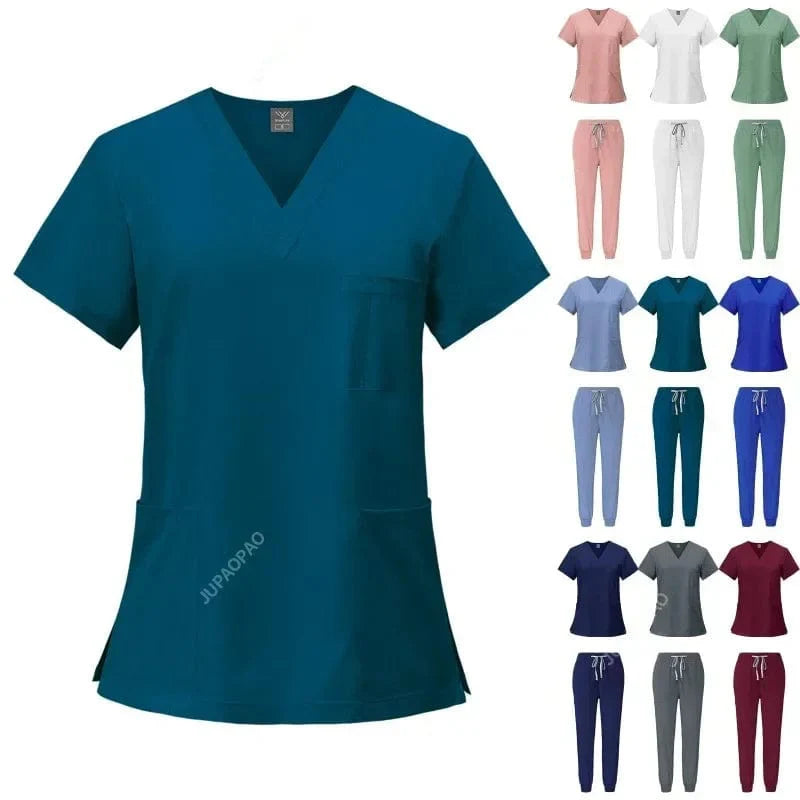 JUPAOPAO women's medical scrub set with V-neck nursing top and matching pants, ideal for healthcare professionals.
