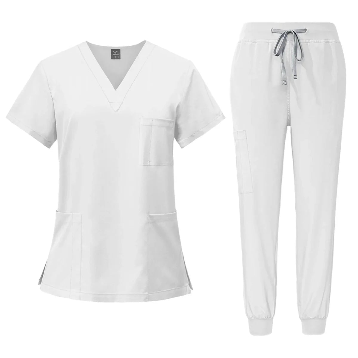 Women's medical scrub set with V-neck top and pants, SHOWLU FASHION, ideal for nursing, clinical, hospital, or salon use.