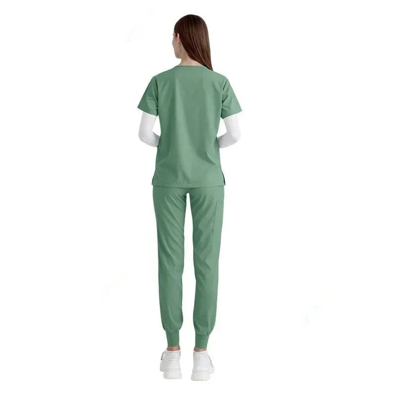 Women's medical scrub set by SHOWLU FASHION STORE, V-neck nursing top and pants for clinical and hospital work.