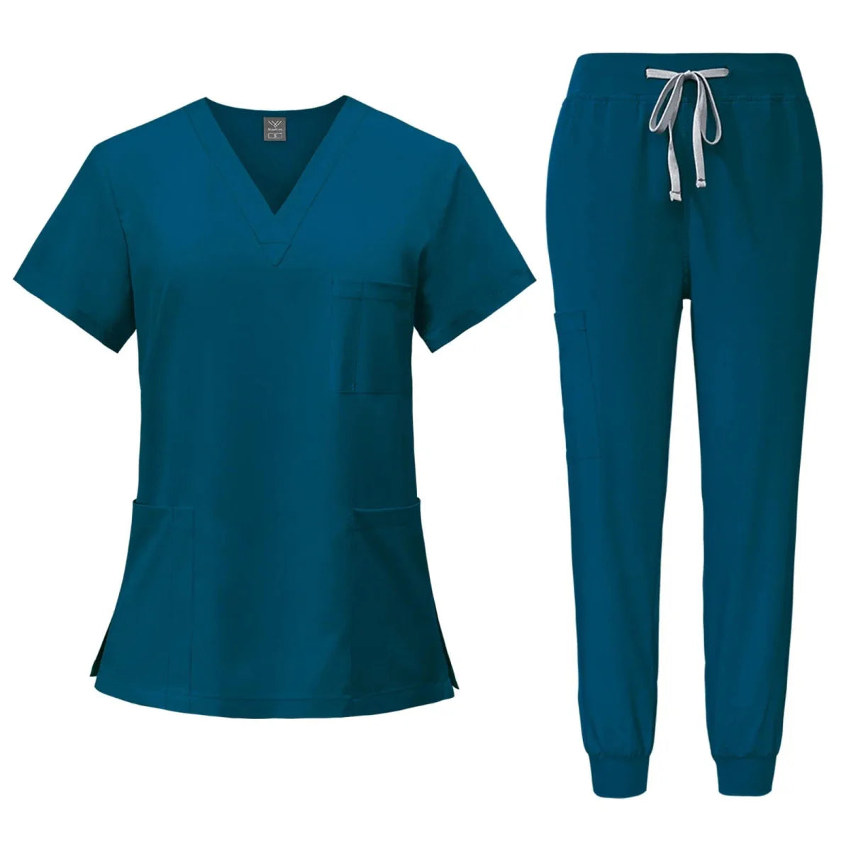Women's medical scrub set featuring a V-neck nursing top and matching pants, ideal for healthcare professionals.