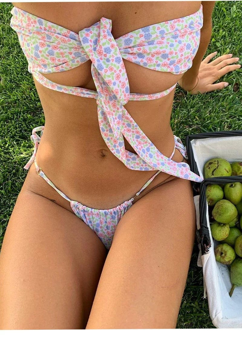 Girls' Showlu Fresh Print Cutout Bikini with adjustable straps, featuring a playful print and stylish swimwear design.