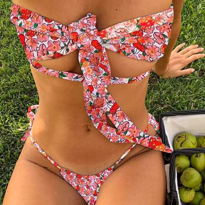 Girls' Showlu Fresh Print cutout bikini with adjustable straps, featuring a colorful, playful print and swimwear style.