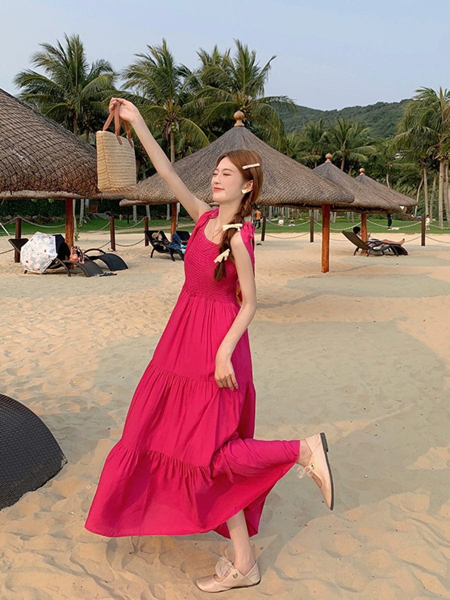 Plus size Korean sweet sling high waist summer dress by Showlu Fashion, featuring a flowy design and vibrant color.