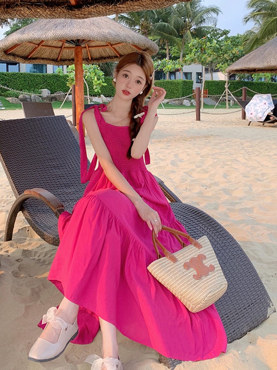 Plus size Korean sweet sling high waist summer dress by Showlu Fashion with a flowy design and vibrant pattern.