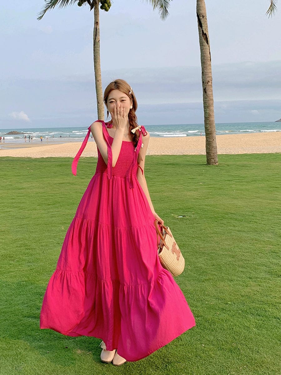 Plus size Korean-style sweet sling high waist summer dress by Showlu Fashion, featuring a flowy design and vibrant color.