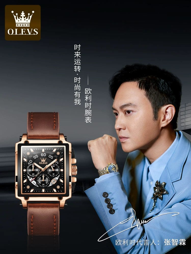 OLEVS men's square fashion watch with large dial, leather strap, quartz movement, and calendar feature.