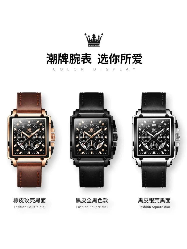OLEVS men's square fashion watch with large dial, leather strap, quartz movement, and calendar display, Swiss-certified new arrival.