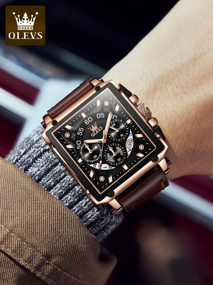 OLEVS men's square fashion watch with large dial, leather strap, quartz movement, and calendar feature, Swiss-certified new arrival.