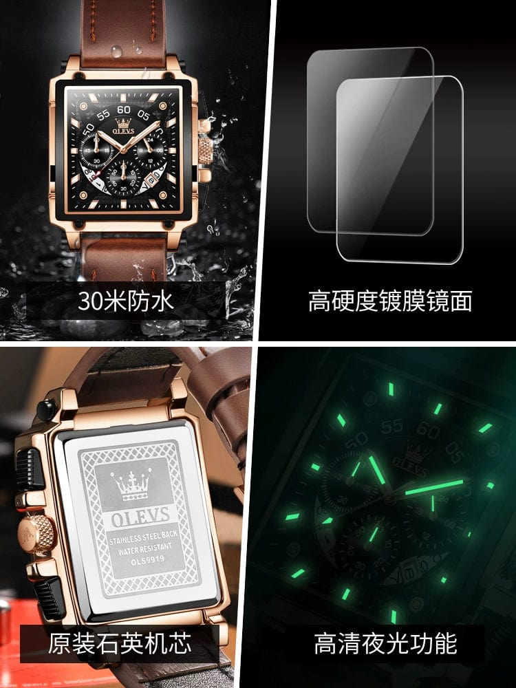 OLEVS men's square fashion watch with large dial, leather strap, quartz movement, and calendar feature.