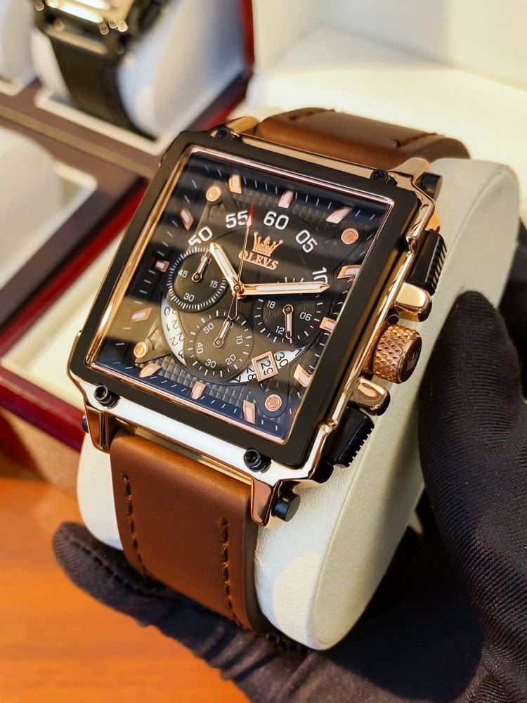 OLEVS men's square fashion watch with large dial, leather strap, quartz movement, and calendar feature.