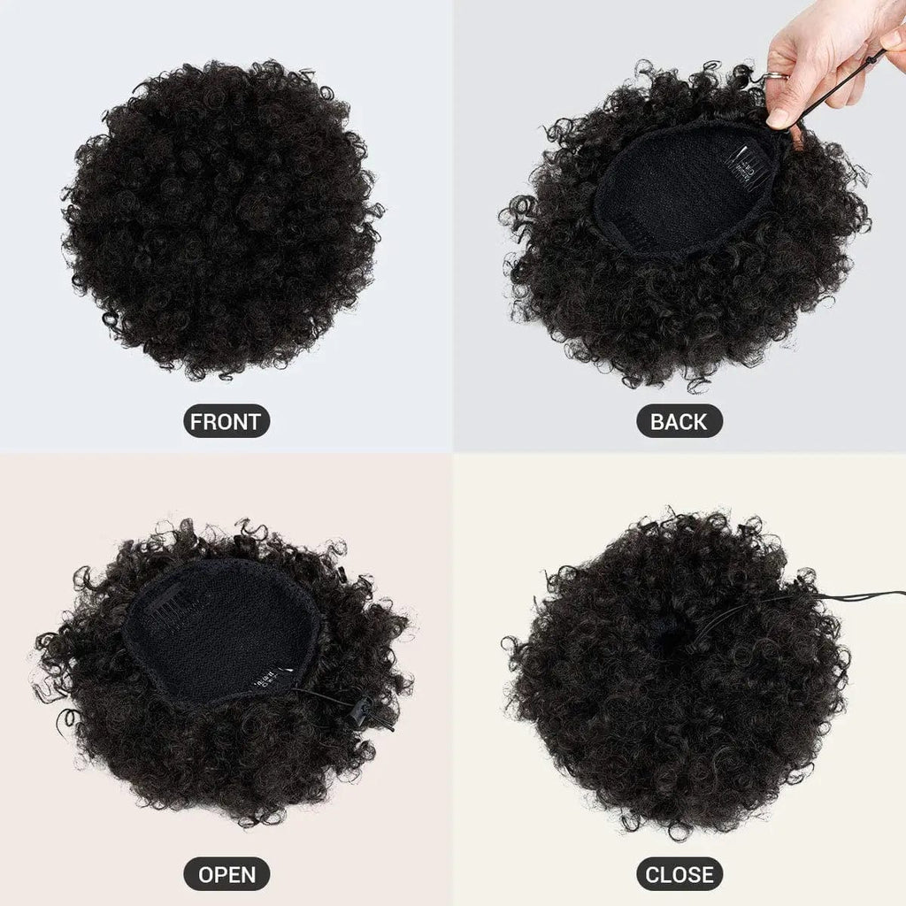 SHOWLU FASHION 10-inch Afro Puff drawstring ponytail extension with kinky curly hair for black women, styled as a hair bun or wig.