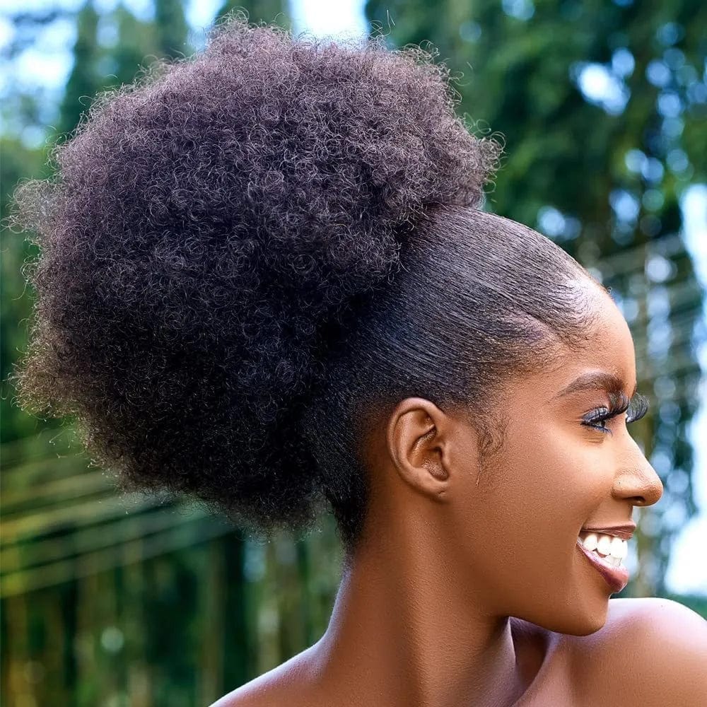 SHOWLU FASHION 10-inch Afro Puff drawstring ponytail extension with kinky curly hair for Black women, styled as a hair bun or wig.