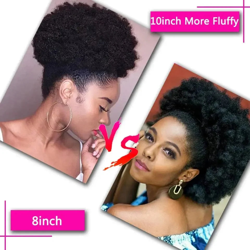 SHOWLU FASHION 10-inch Afro Puff drawstring ponytail with kinky curly synthetic hair for Black women, styled as a big curly hair bun.
