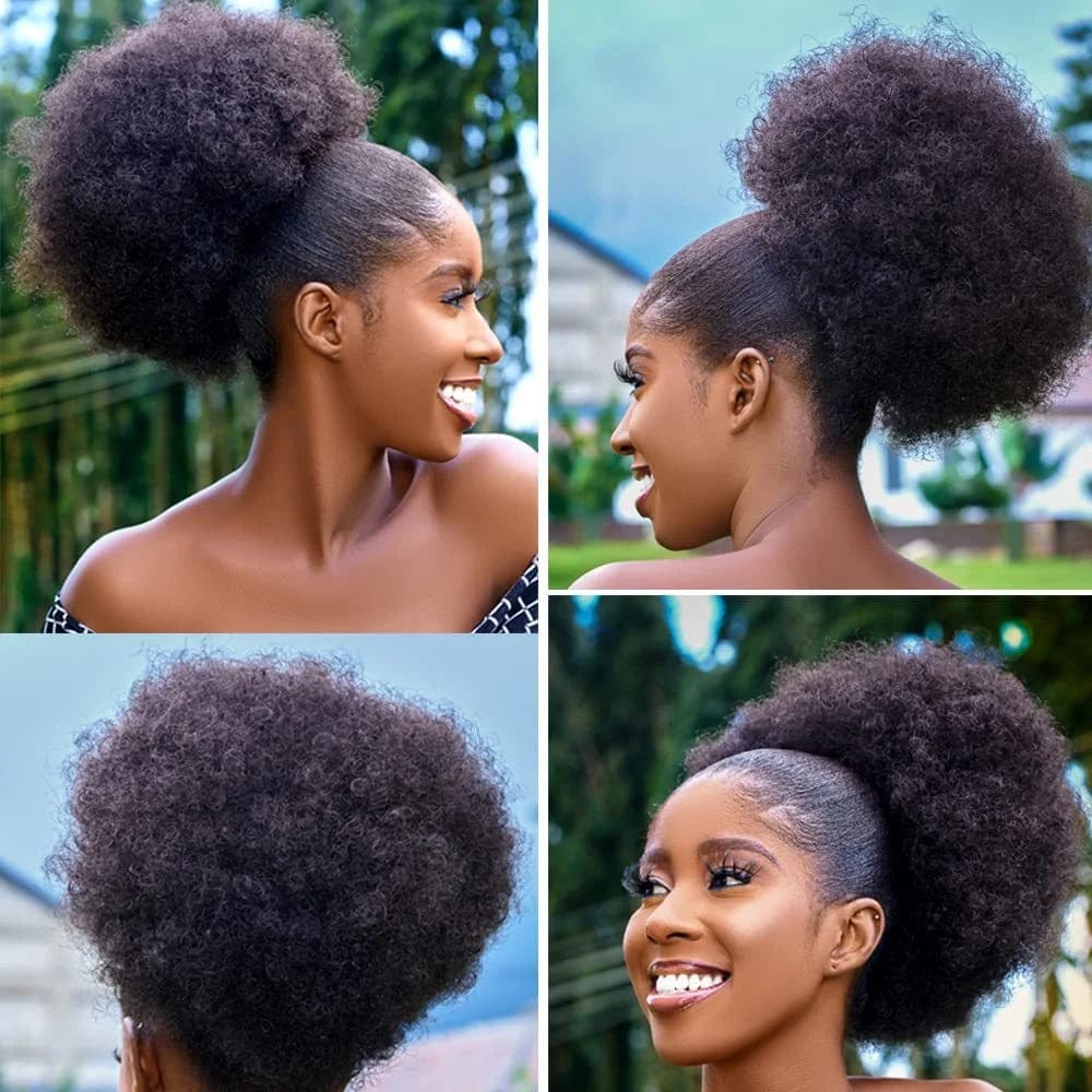 SHOWLU FASHION 10-inch Afro Puff drawstring ponytail extension with kinky curly hair for black women, styled as a big synthetic hair bun.
