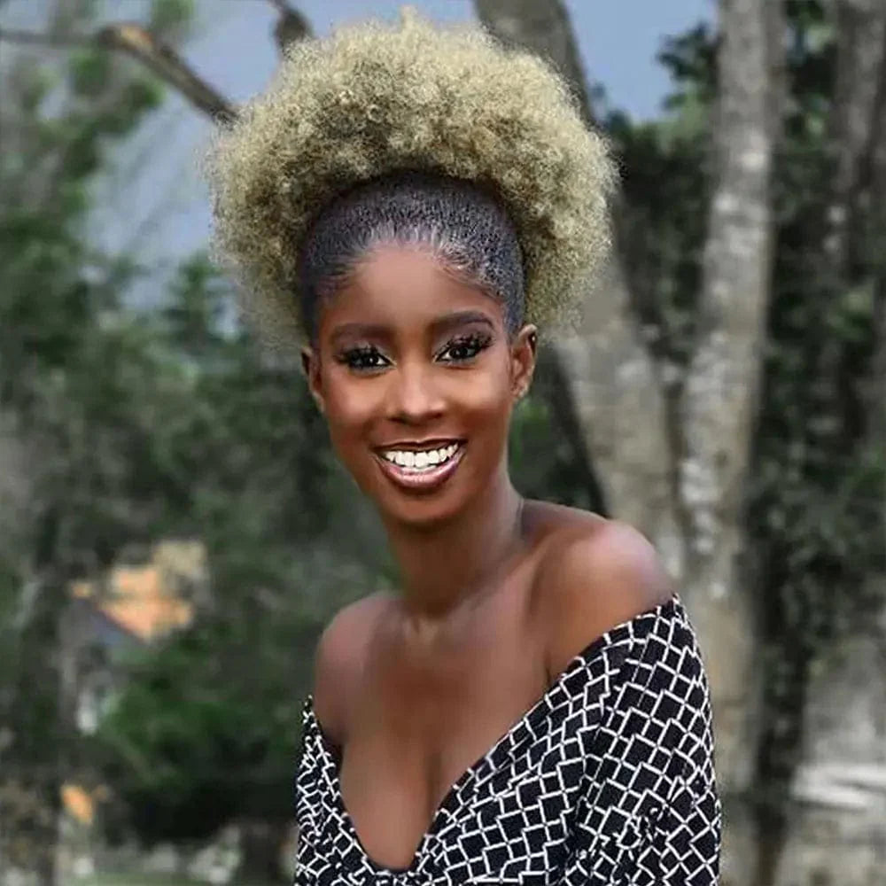 SHOWLU FASHION 10-inch Afro Puff drawstring ponytail extension with kinky curly hair for black women, styled as a big synthetic hair bun.