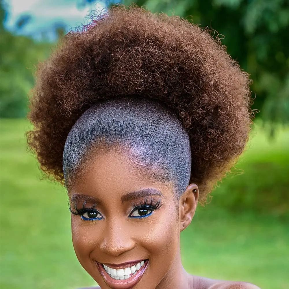 SHOWLU FASHION 10-inch afro puff ponytail extension with kinky curly synthetic hair for black women, styled as a bun or ponytail.