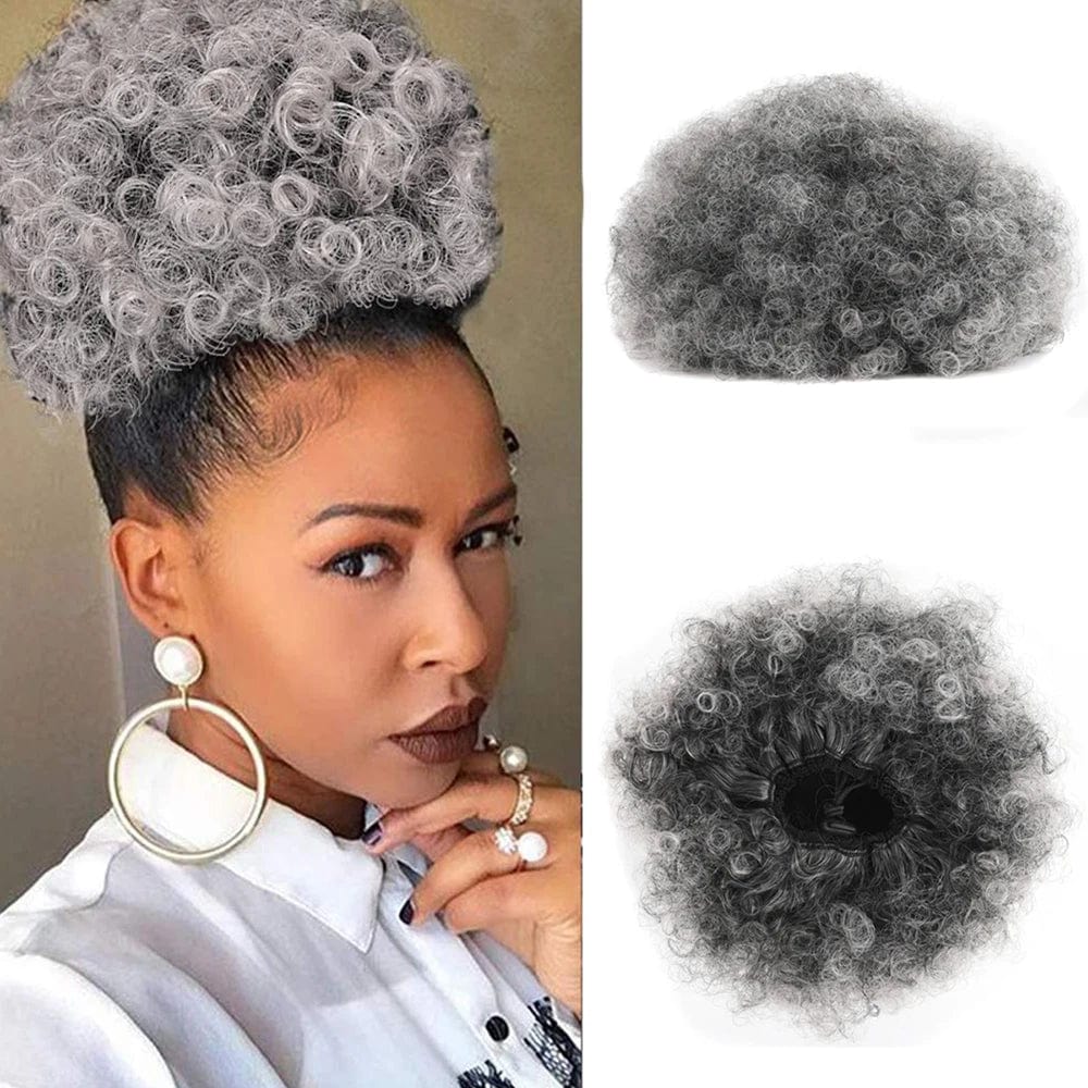 Large afro puff ponytail with kinky curly synthetic hair, designed for African-American women, featuring a drawstring for easy wear.