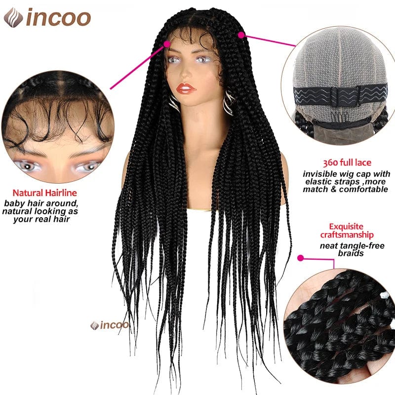 INCOO Jumbo Knotless Box Braided Wig with full lace front, synthetic tribal braids for black women, faux locs, and cornrows