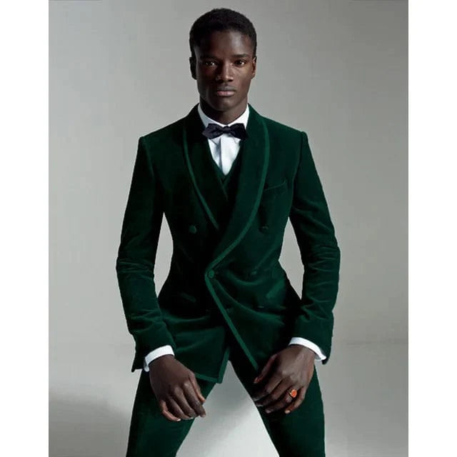 Burgundy velvet men's 3-piece slim fit wedding tuxedo suit with blazer, vest, and pants, designed for formal occasions and groom attire.