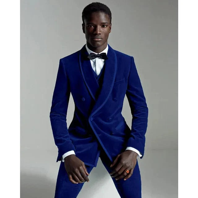 Burgundy velvet men's 3-piece slim fit wedding tuxedo suit with blazer, vest, and pants, stylishly tailored for formal occasions.