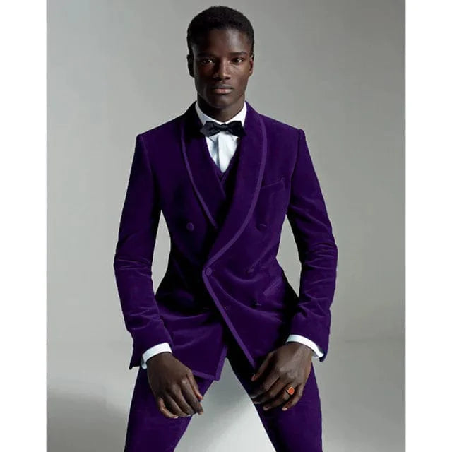 Burgundy velvet men's 3-piece slim fit wedding tuxedo suit with blazer, vest, and pants, tailored for formal occasions.