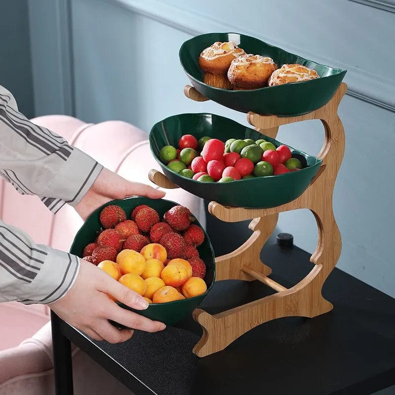 Showlu Wooden Style Oval Fruit Plates and Partitioned Candy Cake Trays on wooden table, showcasing kitchen dinnerware and fruit bowls