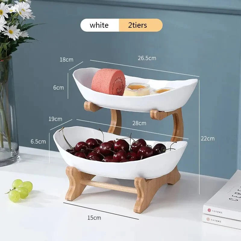 Showlu Wooden Style Oval Fruit Plates with partitions, perfect for serving fruit, candy, and cake on a stylish wooden tray.