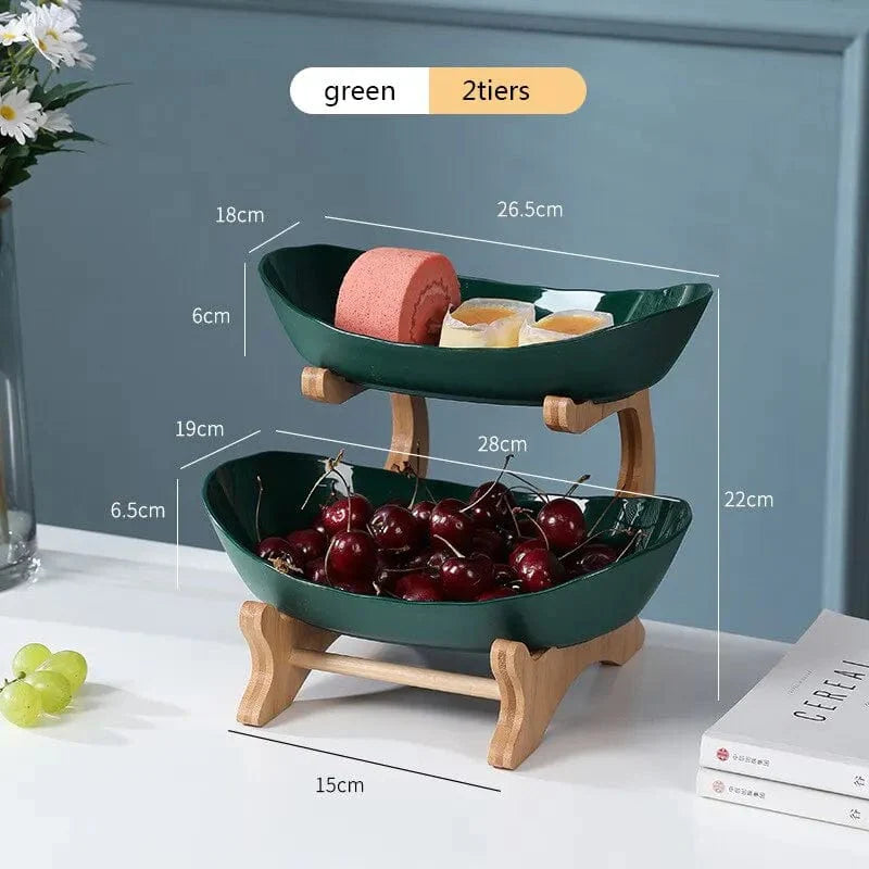 Showlu wooden oval fruit plates with partitioned sections, ideal for serving candy, cake, and fruit on a stylish kitchen table.