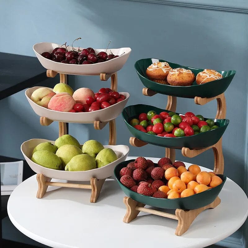 Showlu Wooden Style Oval Fruit Plates with partitioned sections for fruit, candy, and cake, made of elegant wooden tableware.