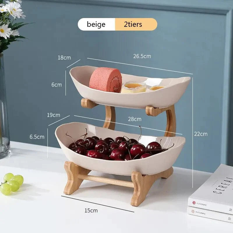Showlu Wooden Style Oval Fruit Plates and Partitioned Candy Cake Trays on a kitchen table, showcasing wooden dinnerware and serving dishes.