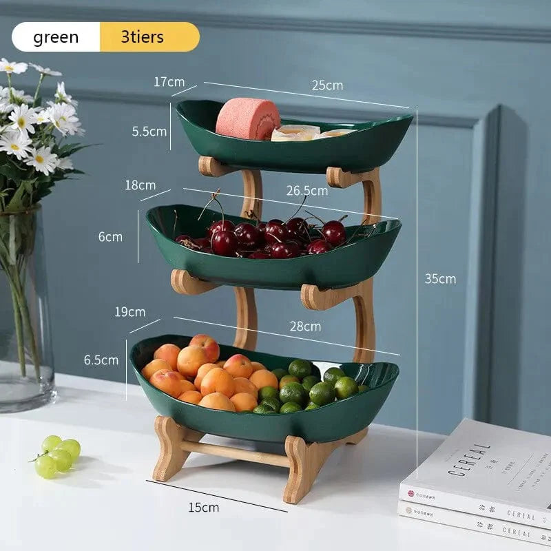 Showlu Wooden Style Oval Fruit Plates with partitioned sections for candy, cake, and fruit, ideal for serving on a wooden table.