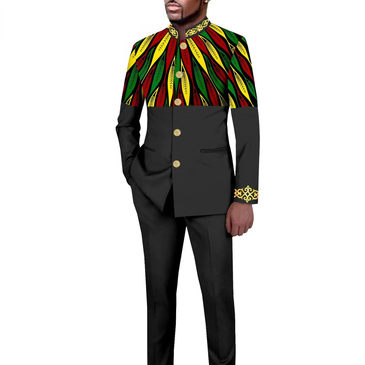 African style men's 2-piece suit with solid color stand collar blazer and matching trousers, tailored and single-breasted.