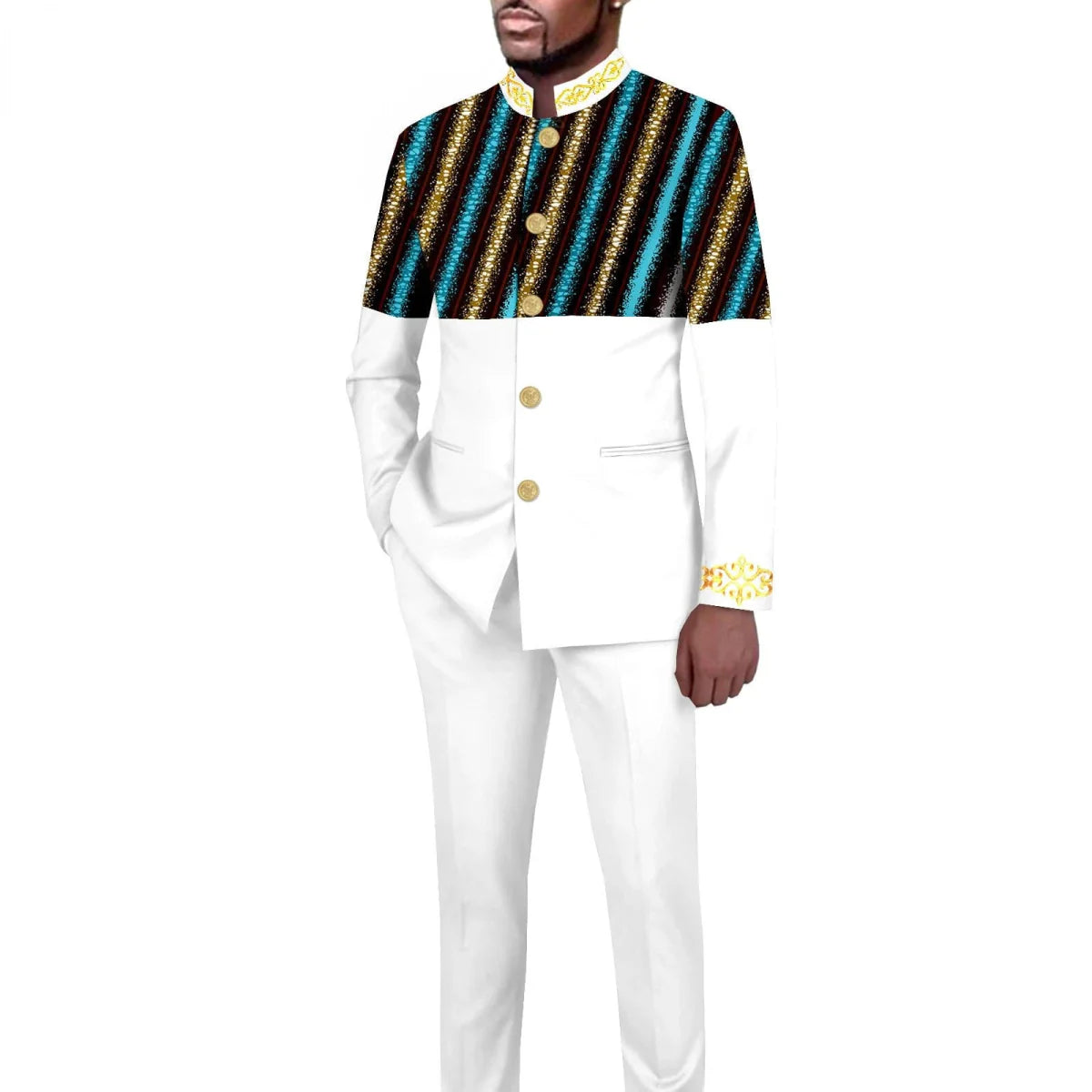 Men's African style 2-piece suit with solid color stand collar blazer and matching trousers, tailored for a sleek look.