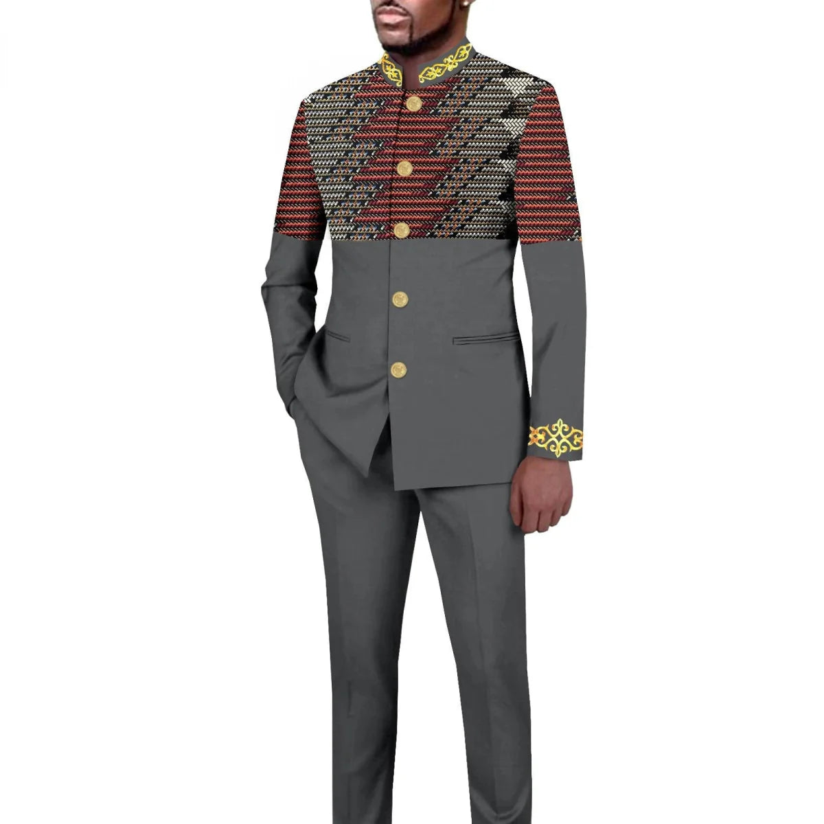 Men's African style 2-piece suit with solid color stand collar blazer and matching trousers, tailored by SHOWLU FASHION STORE.