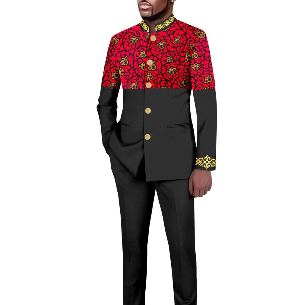Men's African style 2-piece suit by SHOWLU FASHION STORE, solid color blazer with stand collar and matching trousers, tailored fit