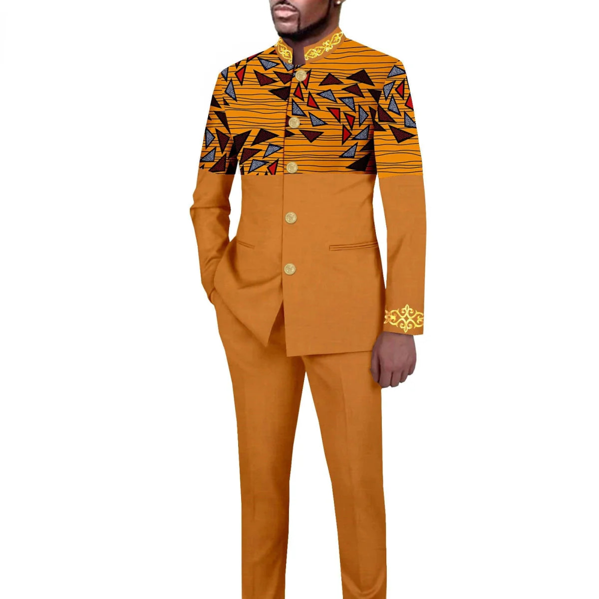 Men's African style 2-piece suit with solid color stand collar blazer and matching trousers, tailored for a sharp look.