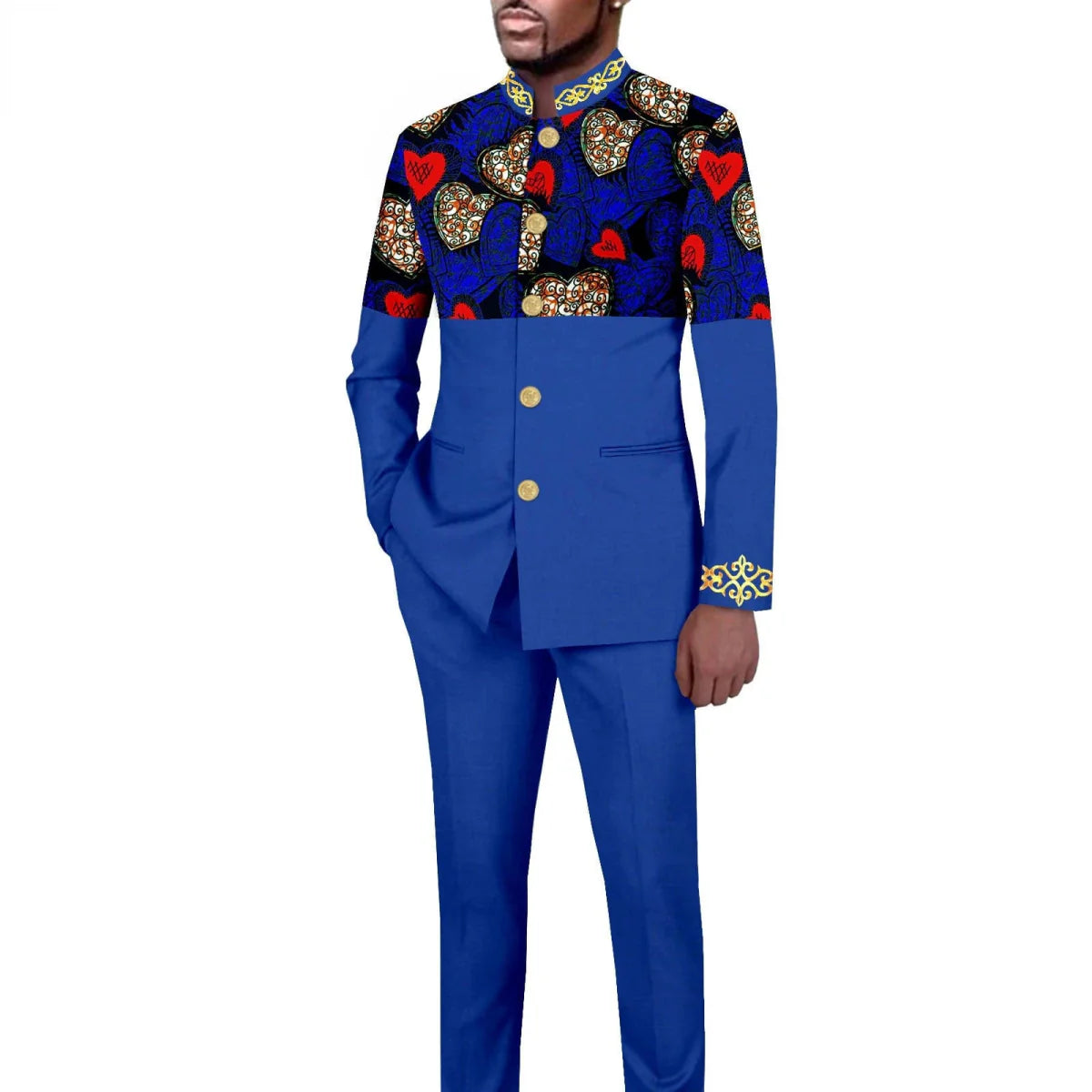 Men's African style 2-piece suit with solid color stand collar blazer and trousers, tailored long blazer from SHOWLU FASHION STORE.