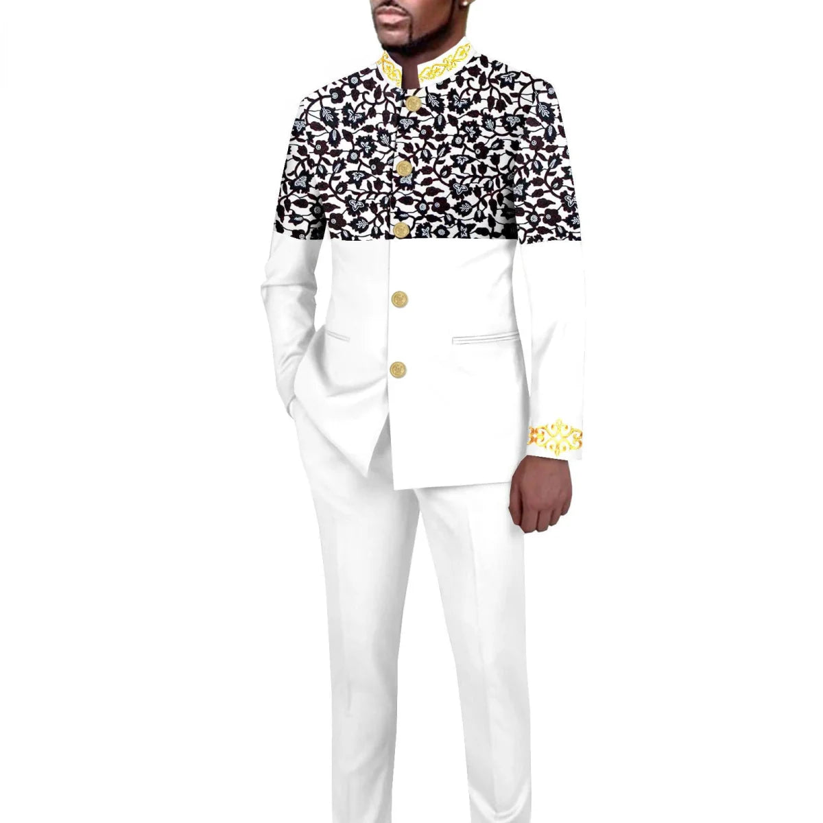 African style men's 2-piece suit with solid color stand collar blazer and matching trousers, tailored for a sharp look.