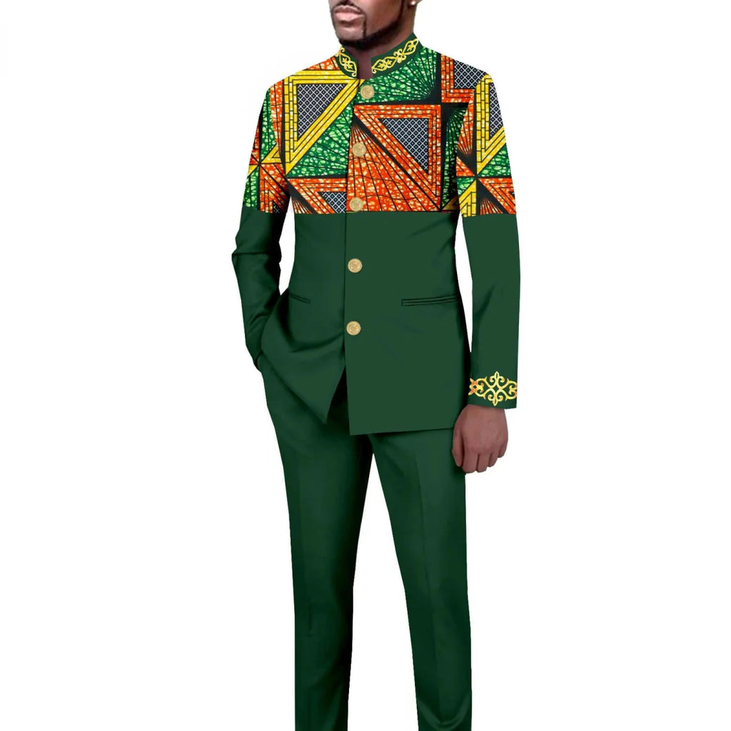 Men's African style 2-piece suit with solid color stand collar blazer and matching trousers, tailored long-sleeve jacket and pants.