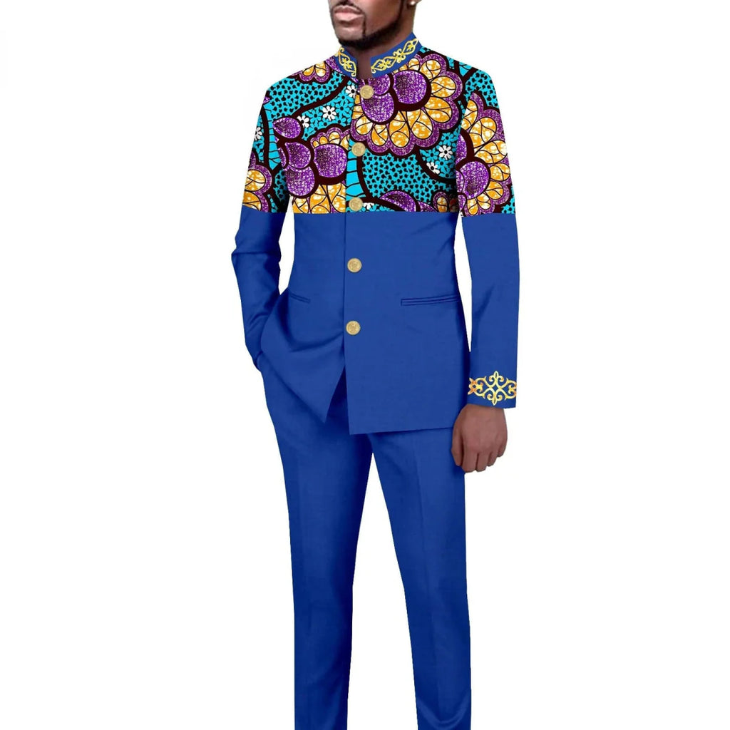 African style men's 2-piece suit with solid color stand collar blazer and matching trousers, tailored for a sleek look.