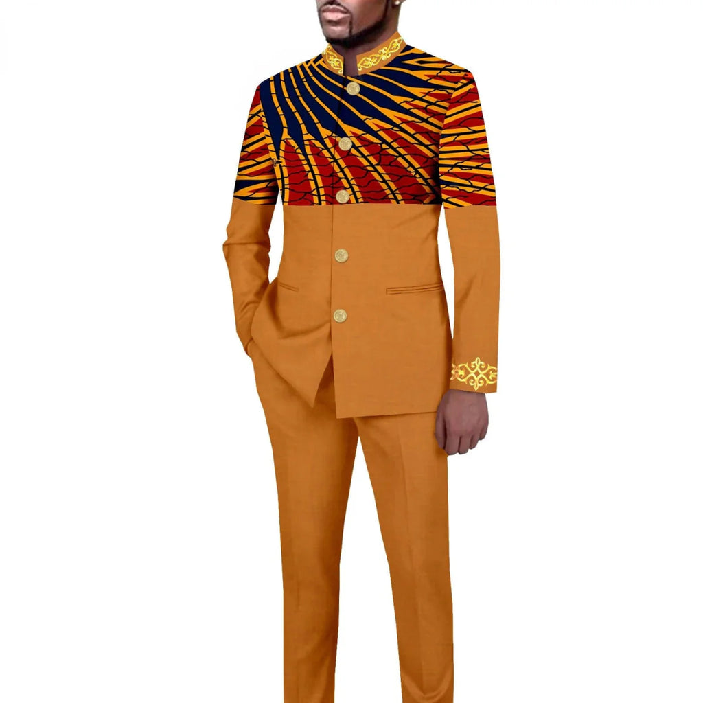 Men's African style 2-piece suit with solid color stand collar blazer and matching trousers, tailored by SHOWLU FASHION STORE.