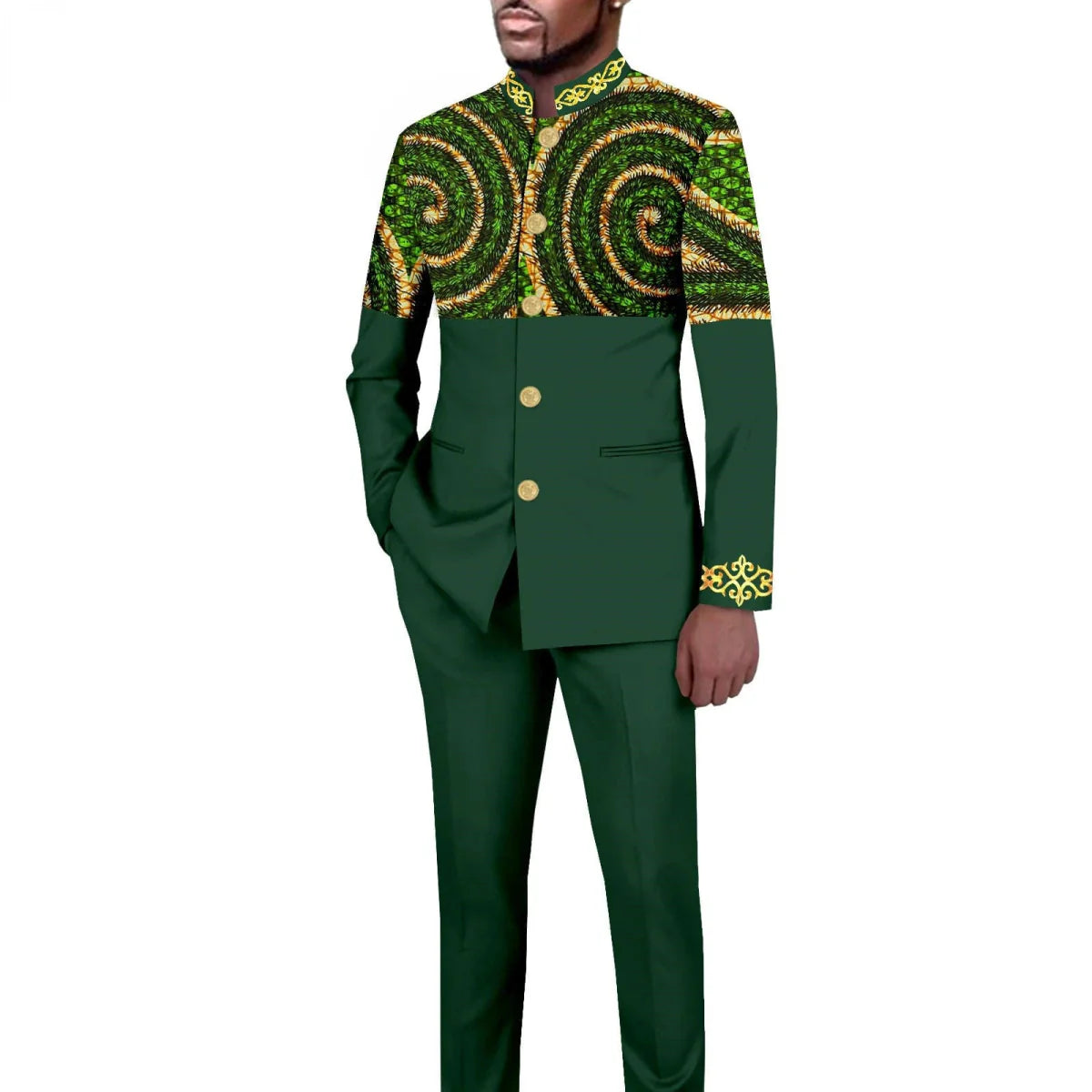 African style men's 2-piece suit with solid color stand collar blazer and matching trousers, tailored for a modern look.