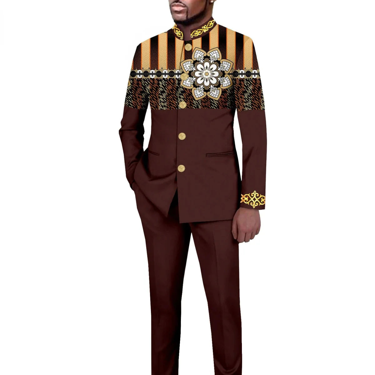 Men's African style 2-piece suit with solid color blazer and trousers, featuring a stand collar and tailored fit by SHOWLU FASHION.