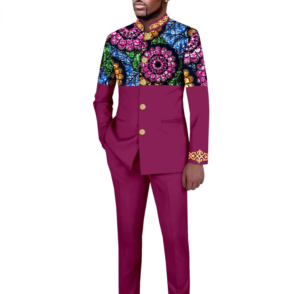 Men's African style 2-piece suit with solid color stand collar blazer and matching trousers, tailored by SHOWLU FASHION STORE