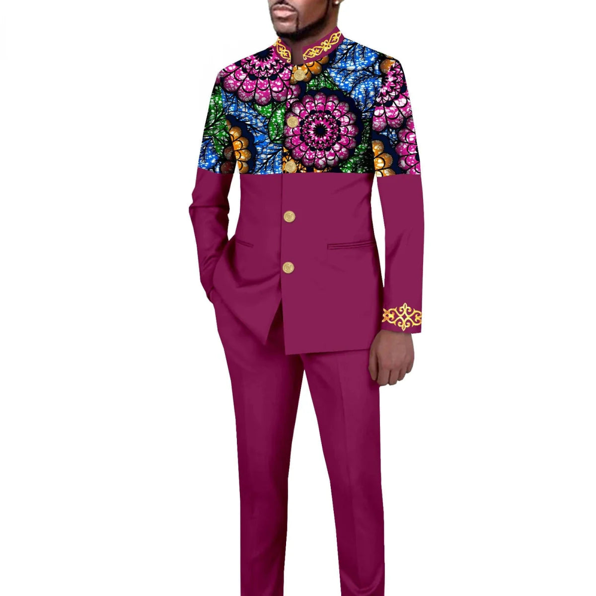 Men's African style 2-piece suit with solid color stand collar blazer and matching trousers, tailored by SHOWLU FASHION STORE