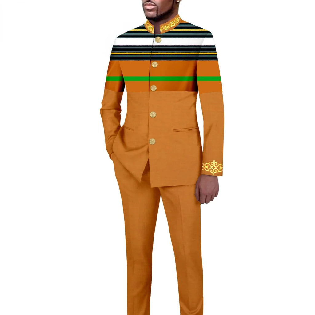 African style men's 2-piece suit with solid color stand collar blazer and matching trousers, tailored for a sharp look.