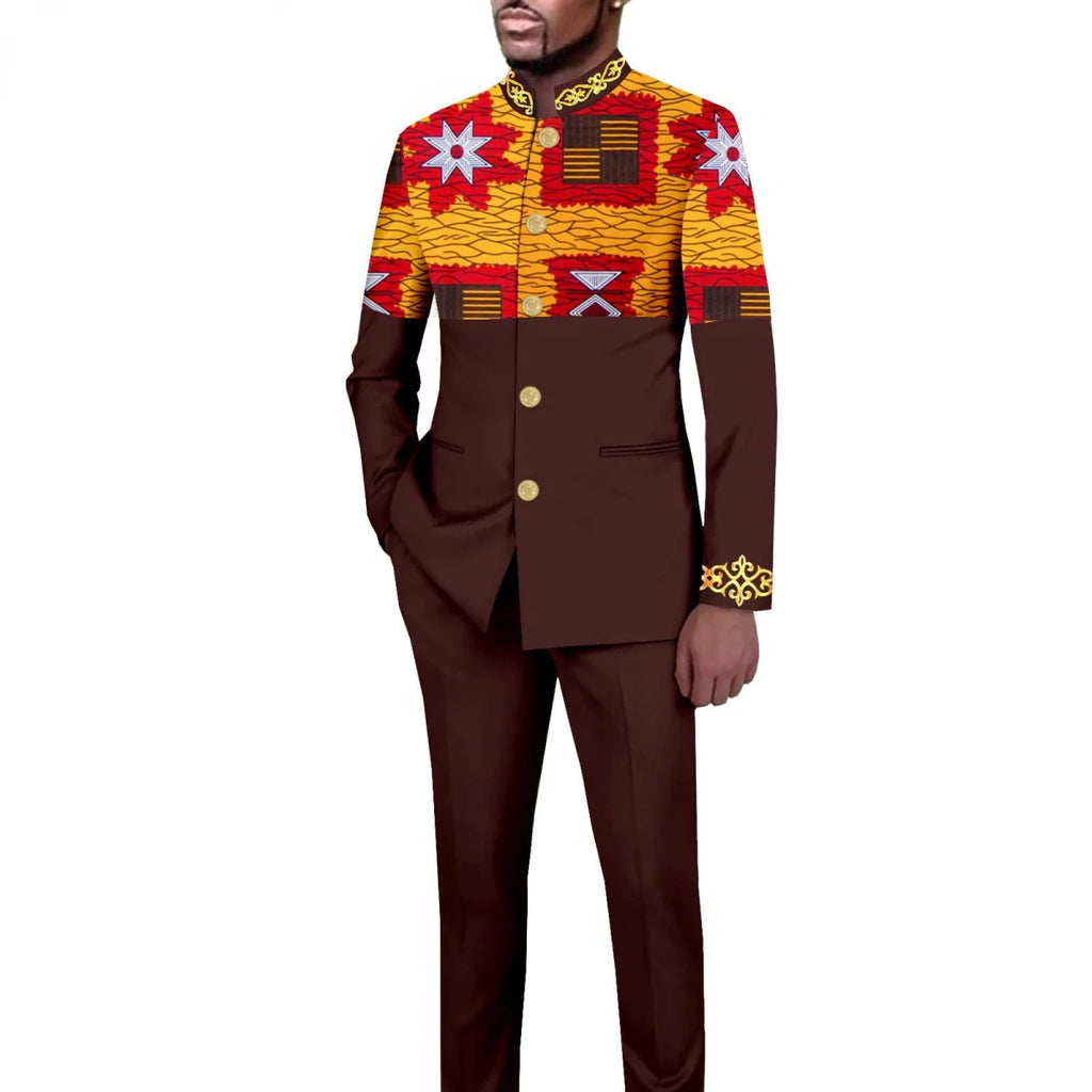African style men's 2-piece suit with solid color blazer and trousers, featuring a stand collar and tailored fit.