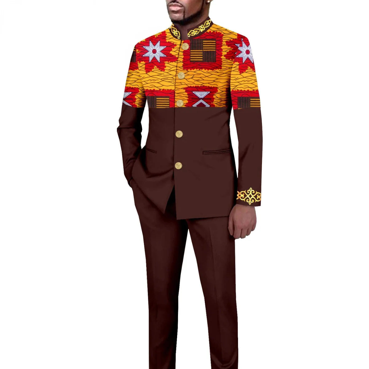 African style men's 2-piece suit with solid color blazer and trousers, featuring a stand collar and tailored fit.